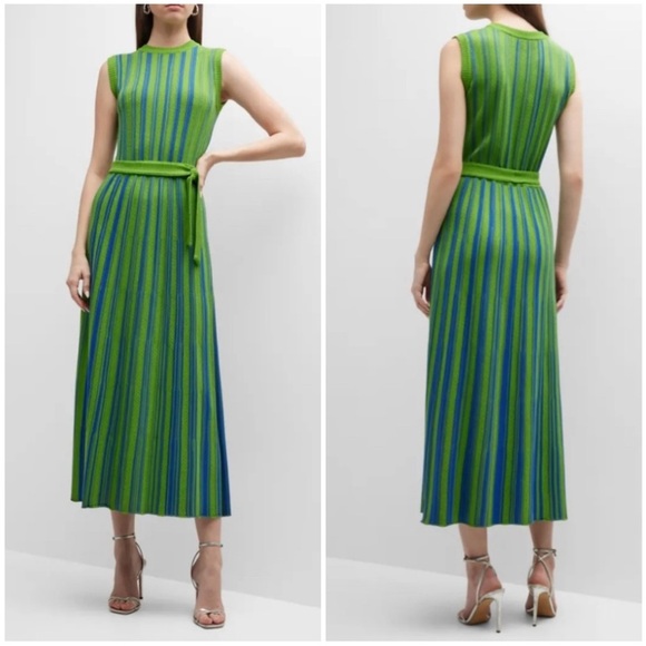 Misook Sleeveless Soft Ribbed Knit Belted Maxi Dress Green Blue Striped Size XL - Picture 9 of 11
